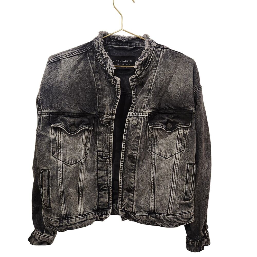 All Saints Bloom oversized logo black denim jacket size 2 - Picture 3 of 6